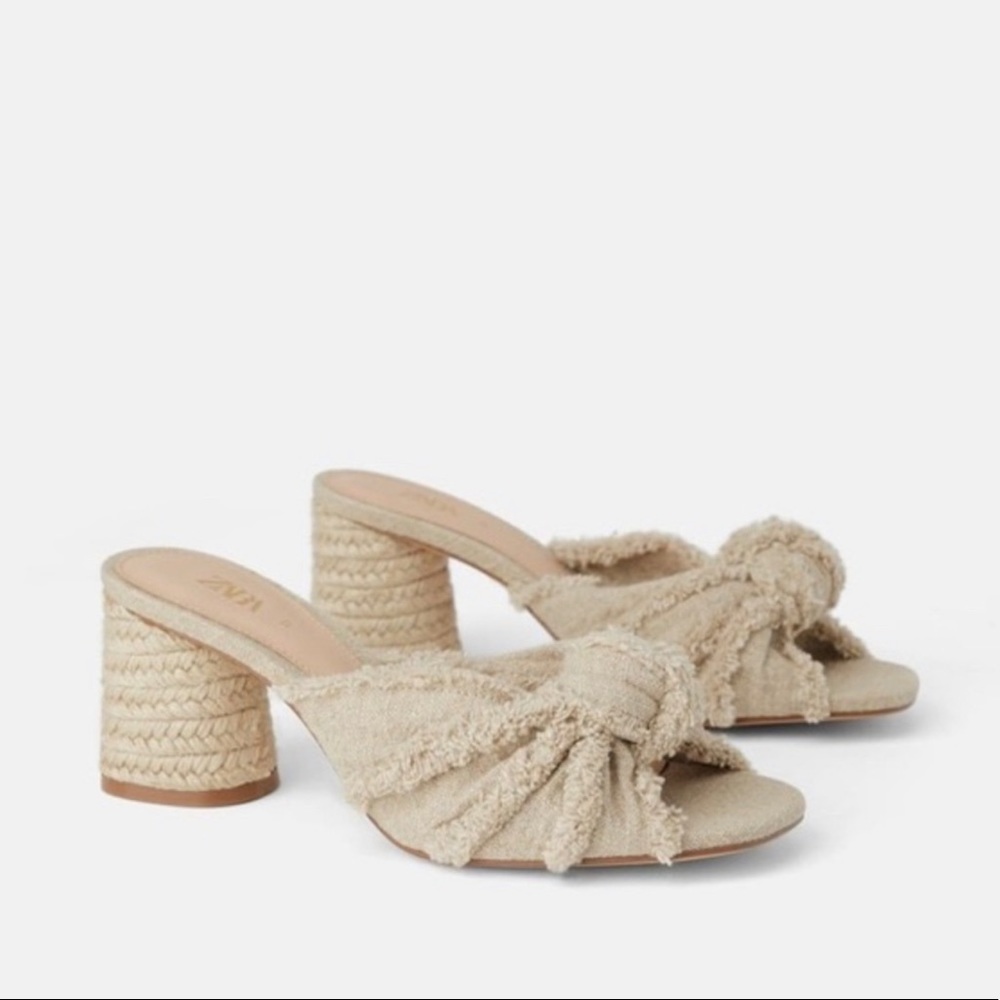Zara Knotted Fringe Block Heel in Beige